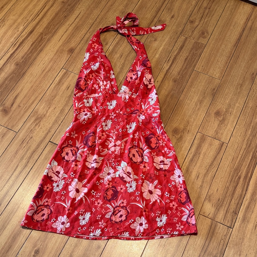 ChicMe Red and Pink Floral Halter Mini Dress